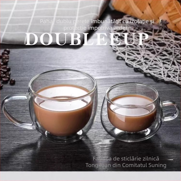 Ceașcă de cafea cu sticlă borosiliat dublu strat, cu mâner, stil modern minimalist, potrivită pentru cafenele