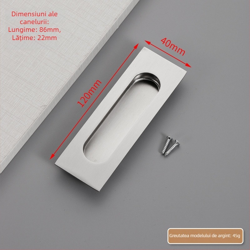 Mâner ascuns pentru ușă glisantă din oțel inox, încastrat, finisaj texturat, stil modern minimalist