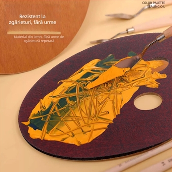 Paletă din lemn pentru pictură în ulei, ovală, lucrată manual, cu finisaj glazurat, destinat elevilor de artă, potrivită pentru gouache