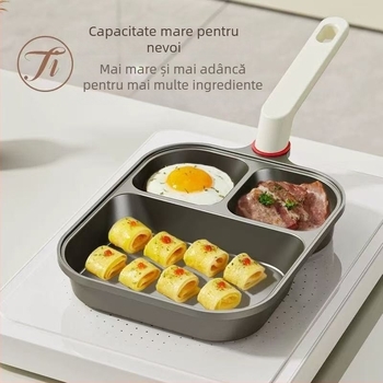 Tigaie de mic dejun 3 în 1 – aluminiu, antiaderentă, fund multistrat, potrivită pentru omlete, ouă și friptură, compatibilă cu toate plitele