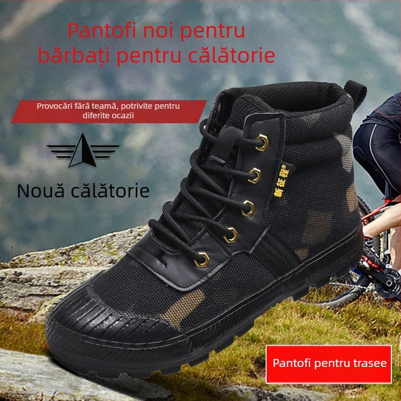 Pantofi sport camuflați din pânză – respirabili, impermeabili, antiderapanti, rezistenți; talpă din cauciuc; gleznă joasă; vârf rotund