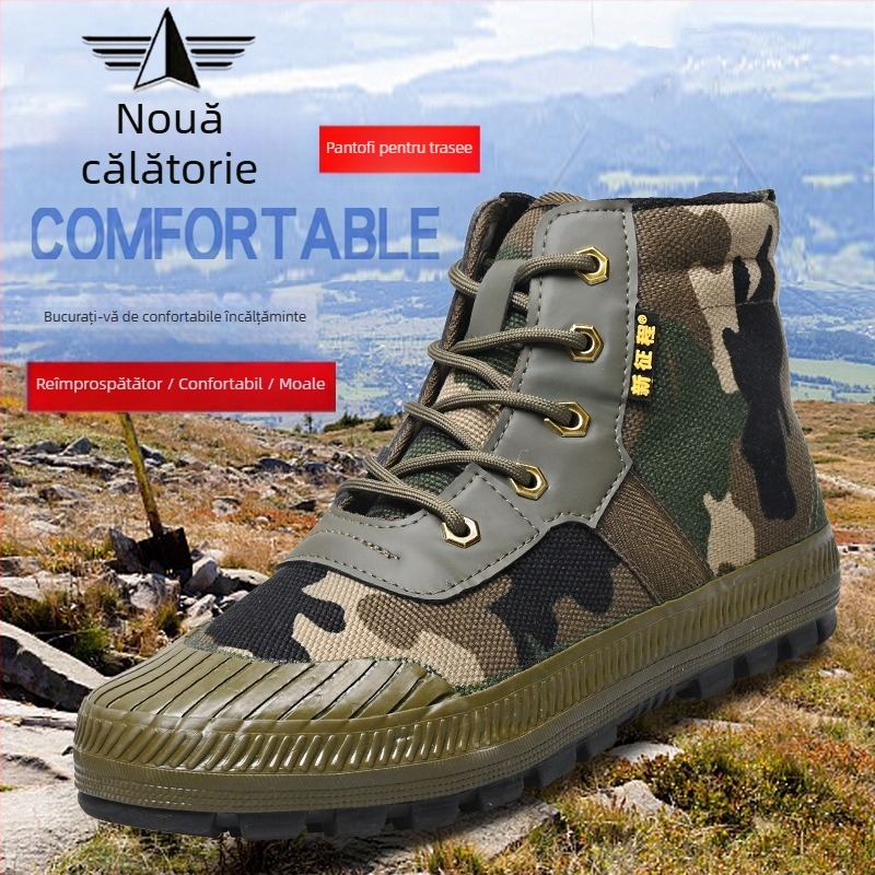 Pantofi sport camuflați din pânză – respirabili, impermeabili, antiderapanti, rezistenți; talpă din cauciuc; gleznă joasă; vârf rotund