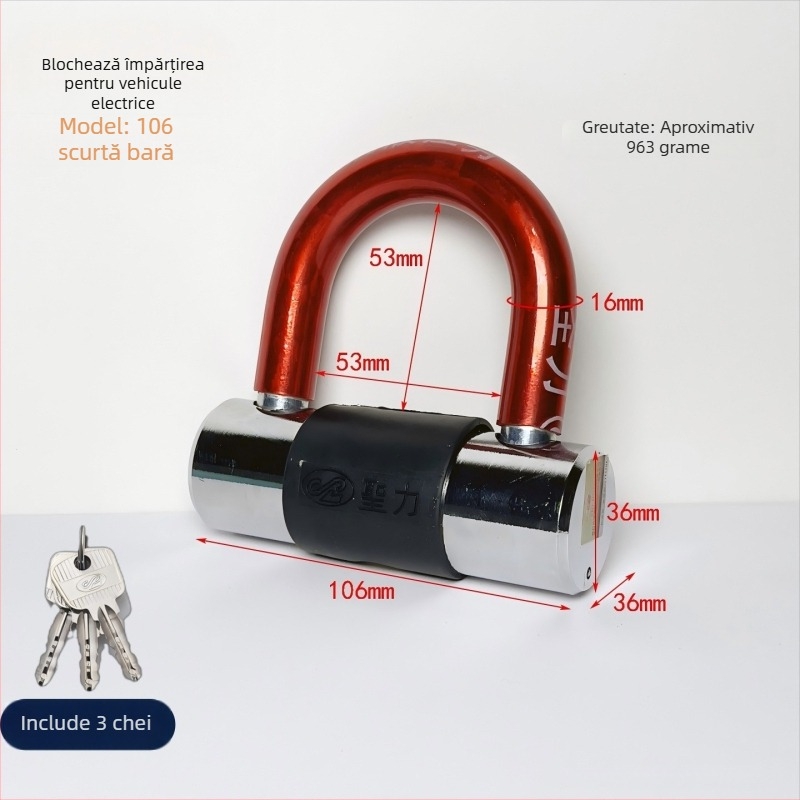 Lacăt industrial în formă de U, divizat, pentru biciclete, motociclete și biciclete electrice – Fier, Modelul 106, Holy Power, 30–640 g