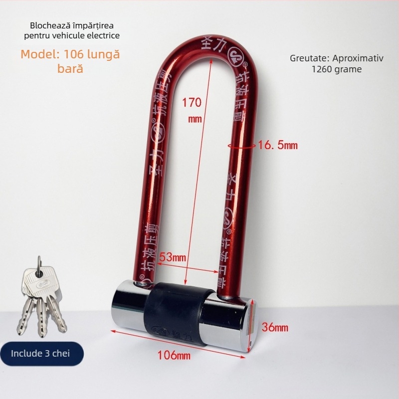 Lacăt industrial în formă de U, divizat, pentru biciclete, motociclete și biciclete electrice – Fier, Modelul 106, Holy Power, 30–640 g