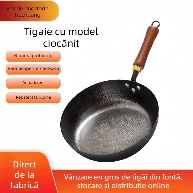 Tigaie plată din fier forjat pentru ouă și fripturi, realizată manual, fără strat, din fier rafinat, potrivită pentru plite cu inducție și gaze, model Pd-jg-015, greutate 1,1 kg