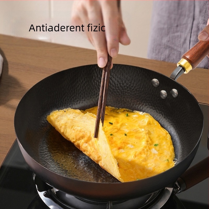 Tigaie plată din fier forjat pentru ouă și fripturi, realizată manual, fără strat, din fier rafinat, potrivită pentru plite cu inducție și gaze, model Pd-jg-015, greutate 1,1 kg