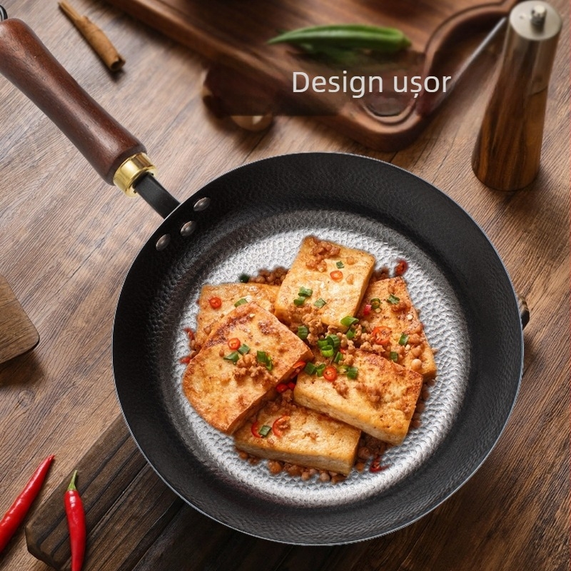 Tigaie plată din fier forjat pentru ouă și fripturi, realizată manual, fără strat, din fier rafinat, potrivită pentru plite cu inducție și gaze, model Pd-jg-015, greutate 1,1 kg