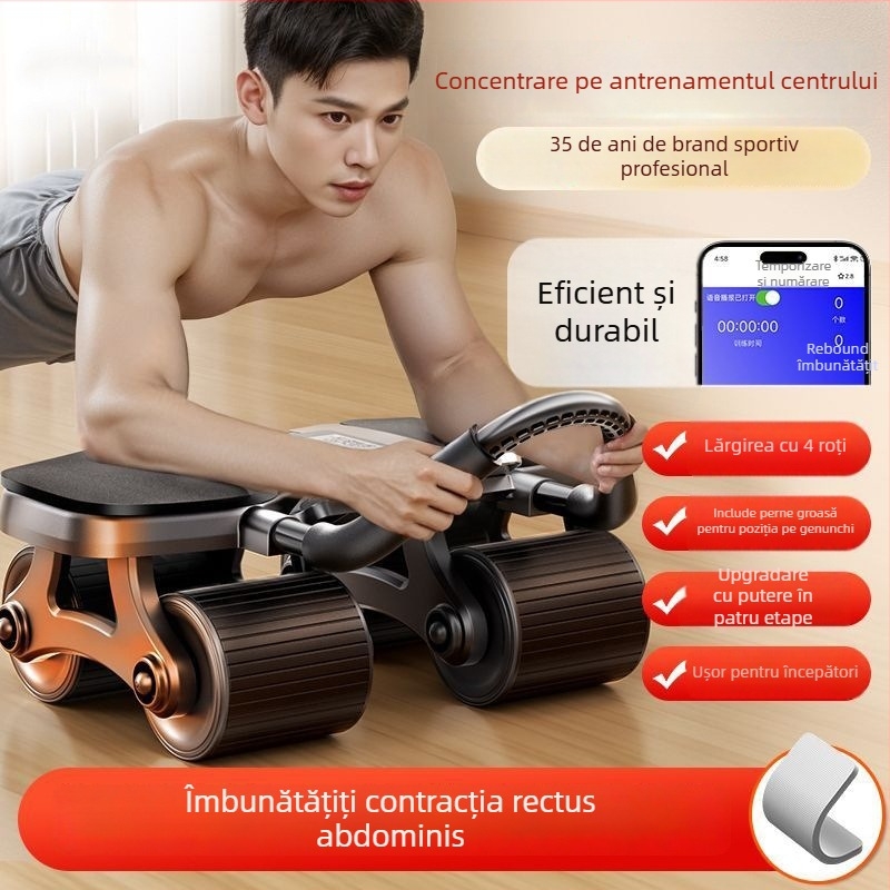 Ab Wheel cu patru roți, revenire automată – nepliabil, model: Four-wheel Flat Plate Support Ab Wheel, greutate 2,3 kg, potrivit pentru birou, acasă și afară
