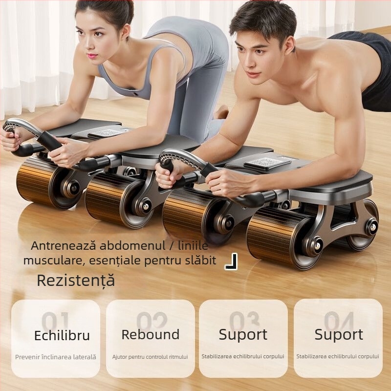 Ab Wheel cu patru roți, revenire automată – nepliabil, model: Four-wheel Flat Plate Support Ab Wheel, greutate 2,3 kg, potrivit pentru birou, acasă și afară