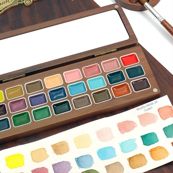 Set de pigmenți acuarelă solizi perlați, în cutie din nuc, handmade, 24 tuburi de 1 ml