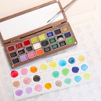 Set de pigmenți acuarelă solizi perlați, în cutie din nuc, handmade, 24 tuburi de 1 ml