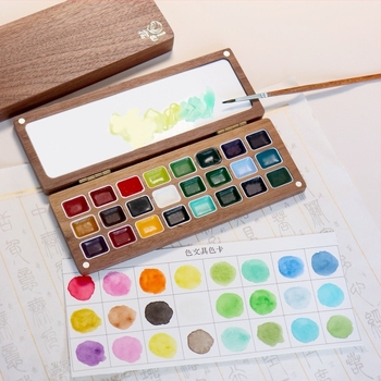 Set de pigmenți acuarelă solizi perlați, în cutie din nuc, handmade, 24 tuburi de 1 ml