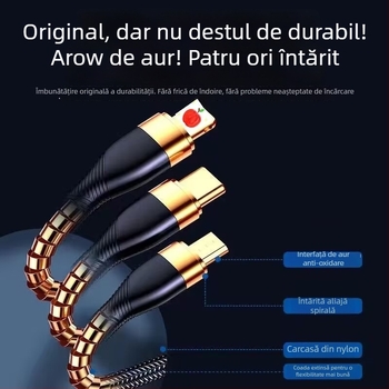 Cablu de date 3 în 1, încărcare rapidă 66W și indicator LED, pentru Apple, Huawei și Xiaomi (pentru mașină) – Lightning, Micro USB, Type-C, cablu împletit