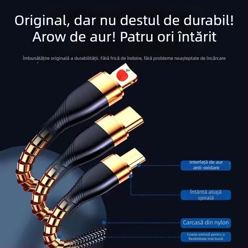 Cablu de date 3 în 1, încărcare rapidă 66W și indicator LED, pentru Apple, Huawei și Xiaomi (pentru mașină) – Lightning, Micro USB, Type-C, cablu împletit