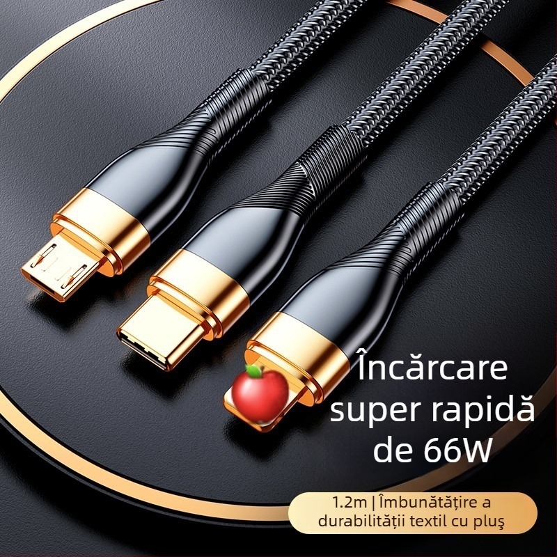 Cablu de date 3 în 1, încărcare rapidă 66W și indicator LED, pentru Apple, Huawei și Xiaomi (pentru mașină) – Lightning, Micro USB, Type-C, cablu împletit
