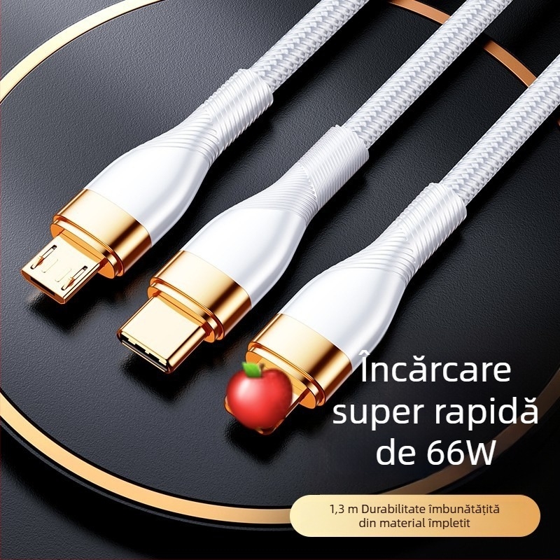 Cablu de date 3 în 1, încărcare rapidă 66W și indicator LED, pentru Apple, Huawei și Xiaomi (pentru mașină) – Lightning, Micro USB, Type-C, cablu împletit
