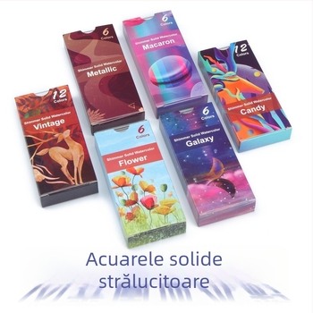 Set de acuarele solide într-o carcasă metalică lucioasă cu finisaj perlat, portabil pentru elevi și artiști profesioniști