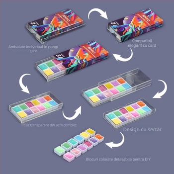 Set de acuarele solide într-o carcasă metalică lucioasă cu finisaj perlat, portabil pentru elevi și artiști profesioniști