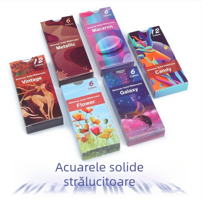 Set de acuarele solide într-o carcasă metalică lucioasă cu finisaj perlat, portabil pentru elevi și artiști profesioniști