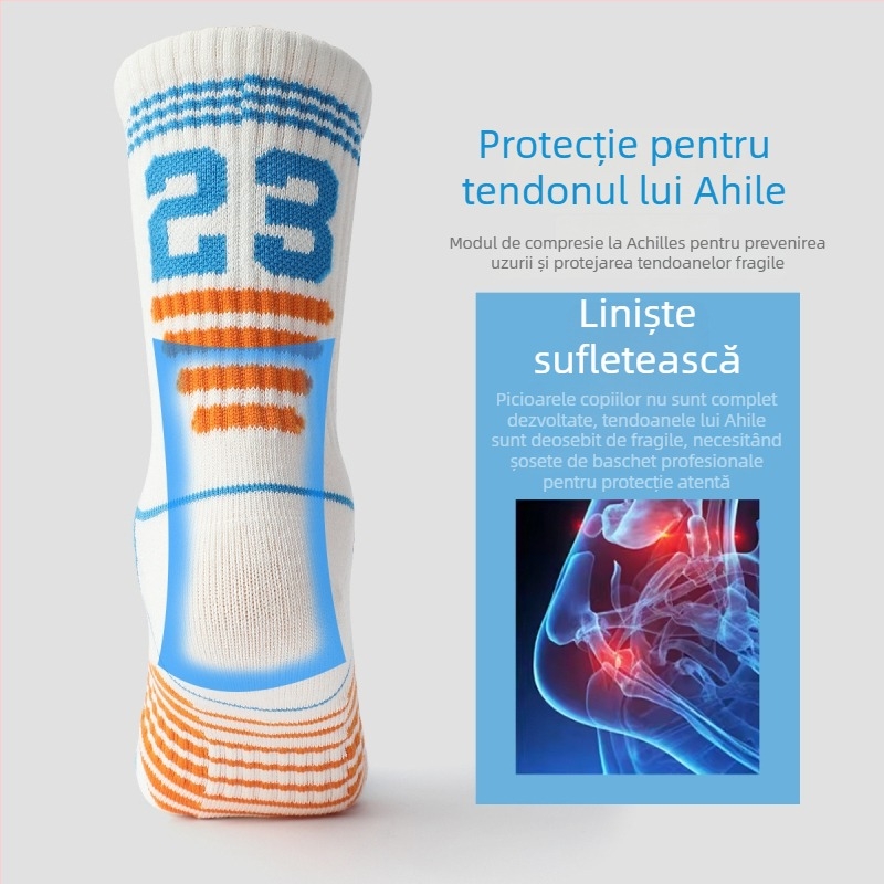 Șosete de baschet pentru copii - bumbac (81%), lungime medie, grosime medie, respirante și anti-miros, pentru copii de 8 ani și peste