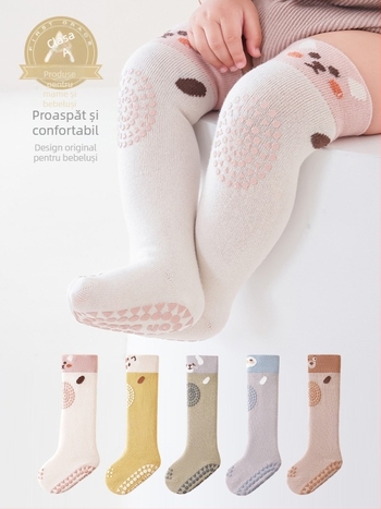 Șosete pentru copii până la genunchi, antiderapante, model jacquard cu desene animate, bumbac pieptănat, respirante (0–12 luni)