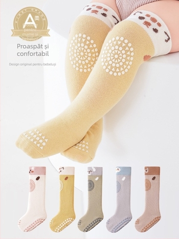 Șosete pentru copii până la genunchi, antiderapante, model jacquard cu desene animate, bumbac pieptănat, respirante (0–12 luni)