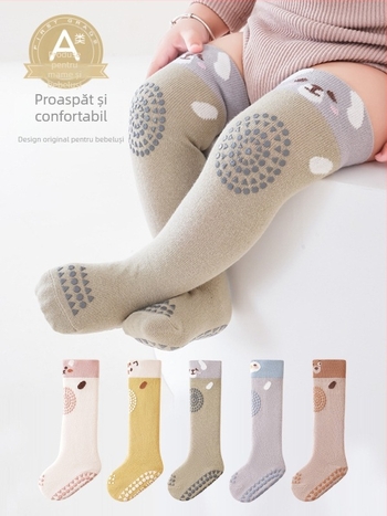 Șosete pentru copii până la genunchi, antiderapante, model jacquard cu desene animate, bumbac pieptănat, respirante (0–12 luni)
