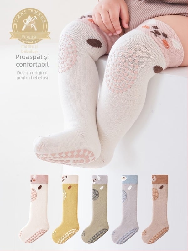 Șosete pentru copii până la genunchi, antiderapante, model jacquard cu desene animate, bumbac pieptănat, respirante (0–12 luni)