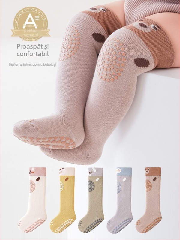 Șosete pentru copii până la genunchi, antiderapante, model jacquard cu desene animate, bumbac pieptănat, respirante (0–12 luni)