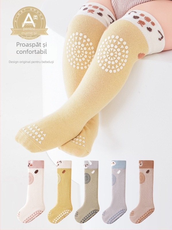 Șosete pentru copii până la genunchi, antiderapante, model jacquard cu desene animate, bumbac pieptănat, respirante (0–12 luni)