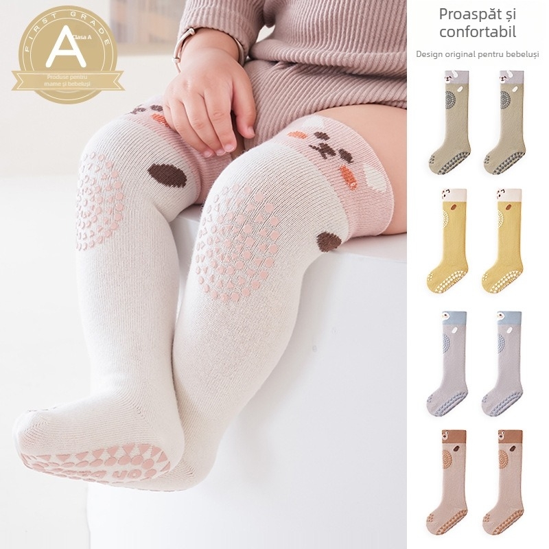Șosete pentru copii până la genunchi, antiderapante, model jacquard cu desene animate, bumbac pieptănat, respirante (0–12 luni)