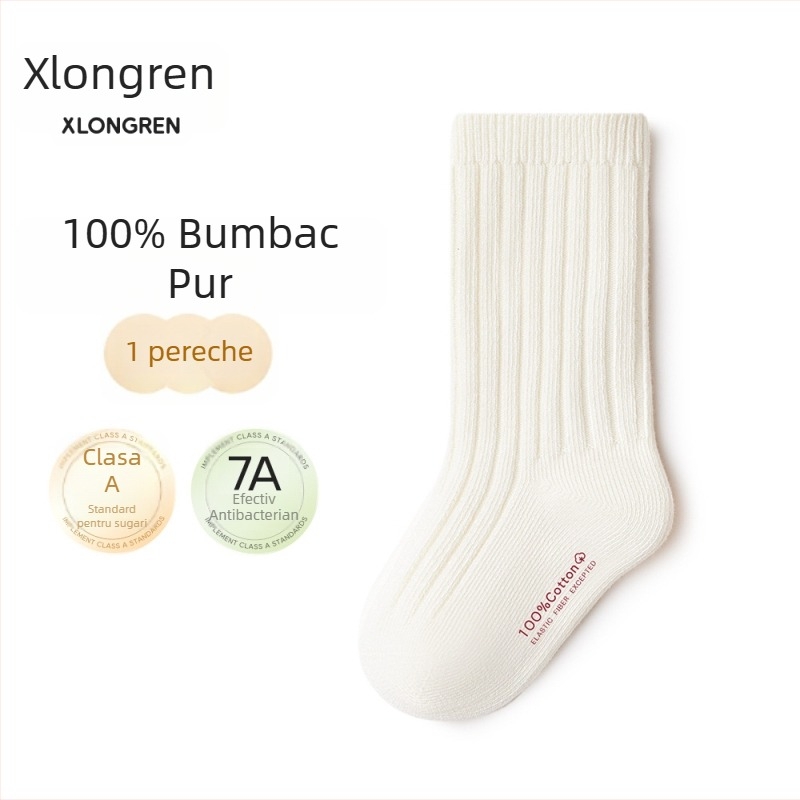 Șosete din bumbac pentru bebeluși și copii, lungime medie până la gambe, culoare uni, 100% bumbac, respirante, mărime universală (1–3 ani, 80–100 cm)