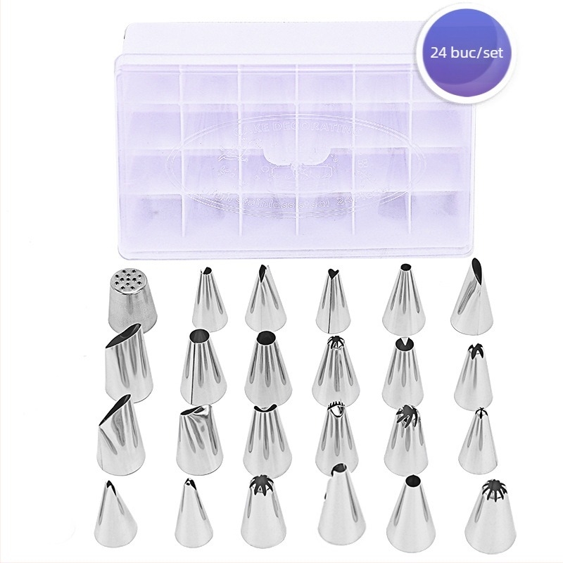 Set 24 vârfuri din oțel inoxidabil 304 cu pungă de decorare și cutie din plastic