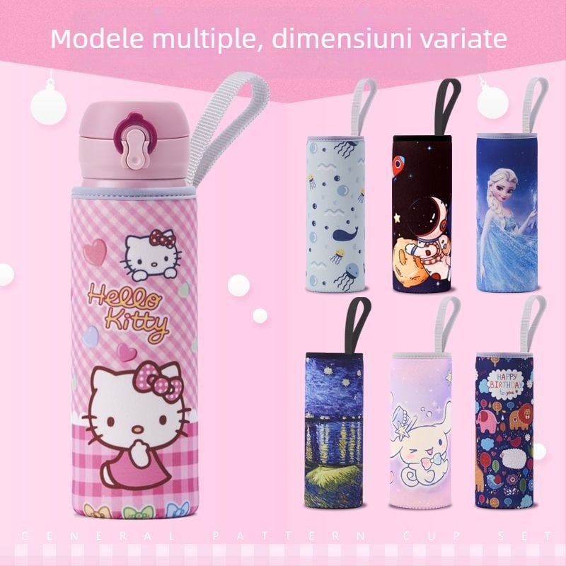 Husă termică pentru pahar, stil desen animat, din material textil, cu șnur