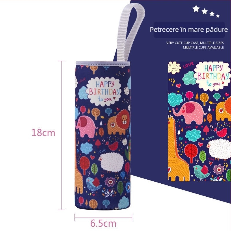Husă termică pentru pahar, stil desen animat, din material textil, cu șnur