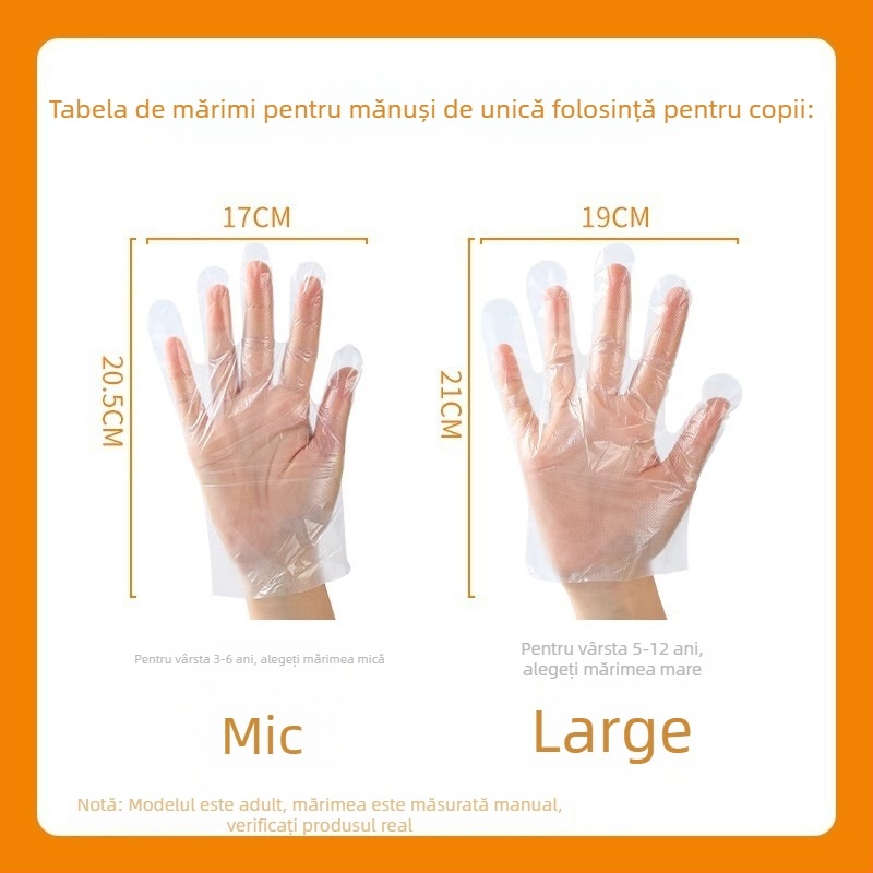 Mănuși de unică folosință pentru copii, PE, ambalare individuală, de calitate alimentară, transparente, 0,01 mm grosime, pentru uz casnic