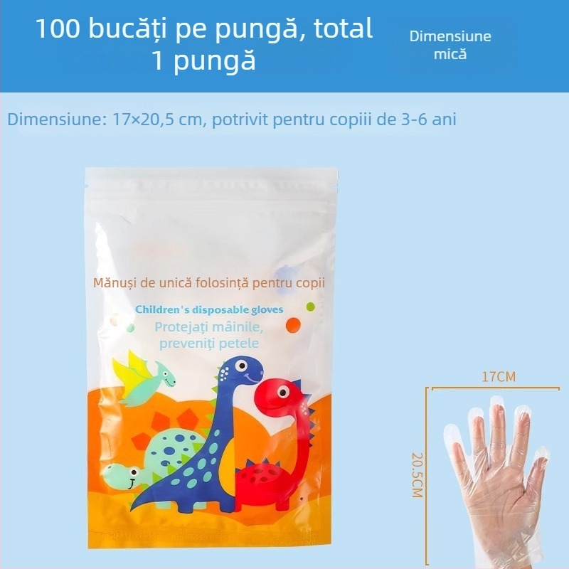 Mănuși de unică folosință pentru copii, PE, ambalare individuală, de calitate alimentară, transparente, 0,01 mm grosime, pentru uz casnic