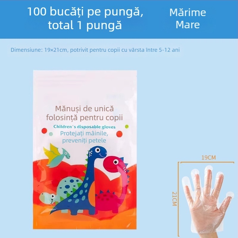 Mănuși de unică folosință pentru copii, PE, ambalare individuală, de calitate alimentară, transparente, 0,01 mm grosime, pentru uz casnic