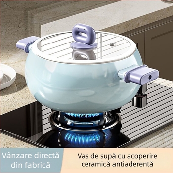 Oală de supă din fier fin, antiaderent, capac de sticlă, 5 L capacitate, fund simplu, compatibilă cu toate tipurile de plite