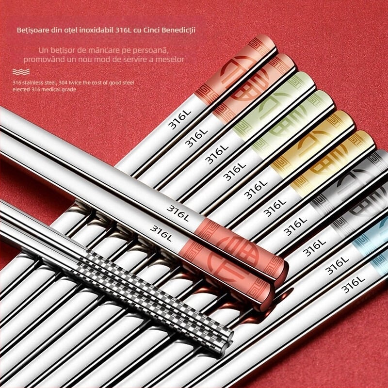 Bețe chinezești din oțel inoxidabil 316, pătrate, antiderapante, rezistente la temperaturi înalte, 1 pereche