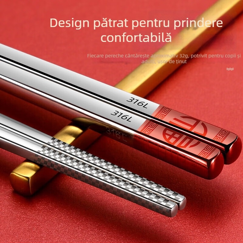 Bețe chinezești din oțel inoxidabil 316, pătrate, antiderapante, rezistente la temperaturi înalte, 1 pereche