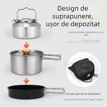 Set de vase pentru camping din oțel inoxidabil 304, 3 piese – portabil, cu tigaie antiaderentă, oală și ceainic, pentru 2-3 persoane