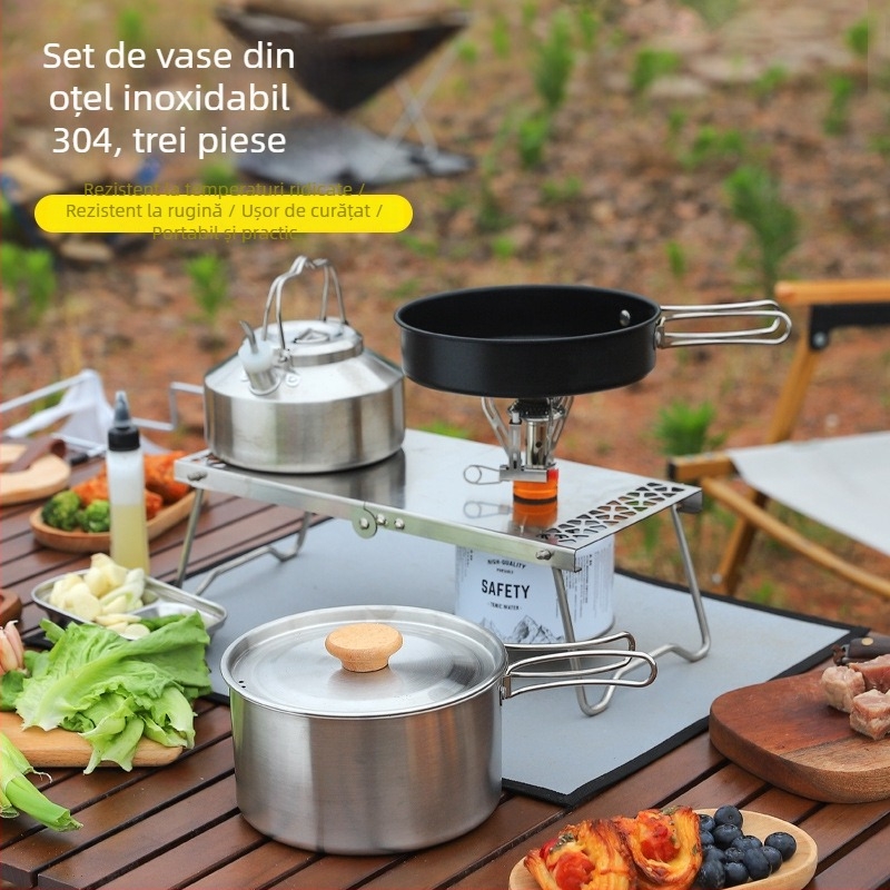 Set de vase pentru camping din oțel inoxidabil 304, 3 piese – portabil, cu tigaie antiaderentă, oală și ceainic, pentru 2-3 persoane