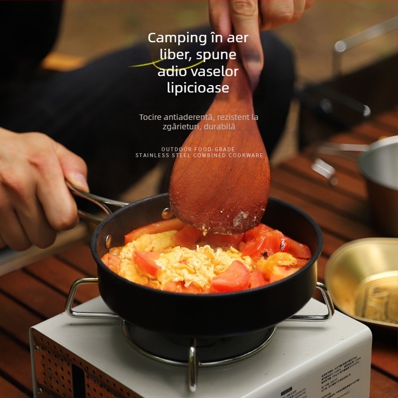 Set de vase pentru camping din oțel inoxidabil 304, 3 piese – portabil, cu tigaie antiaderentă, oală și ceainic, pentru 2-3 persoane