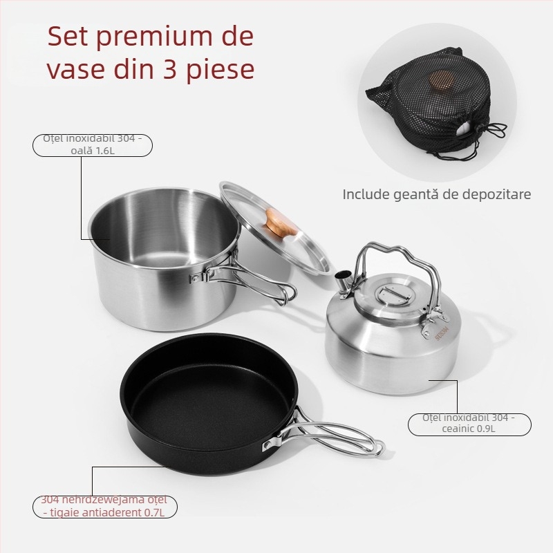 Set de vase pentru camping din oțel inoxidabil 304, 3 piese – portabil, cu tigaie antiaderentă, oală și ceainic, pentru 2-3 persoane