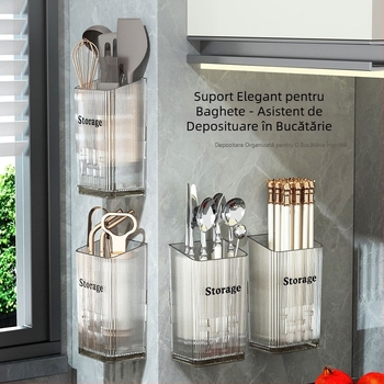 Suport de bețișoare montat pe perete, instalație fără găuri, design drenabil, material PP, organizator de bucătărie multifuncțional
