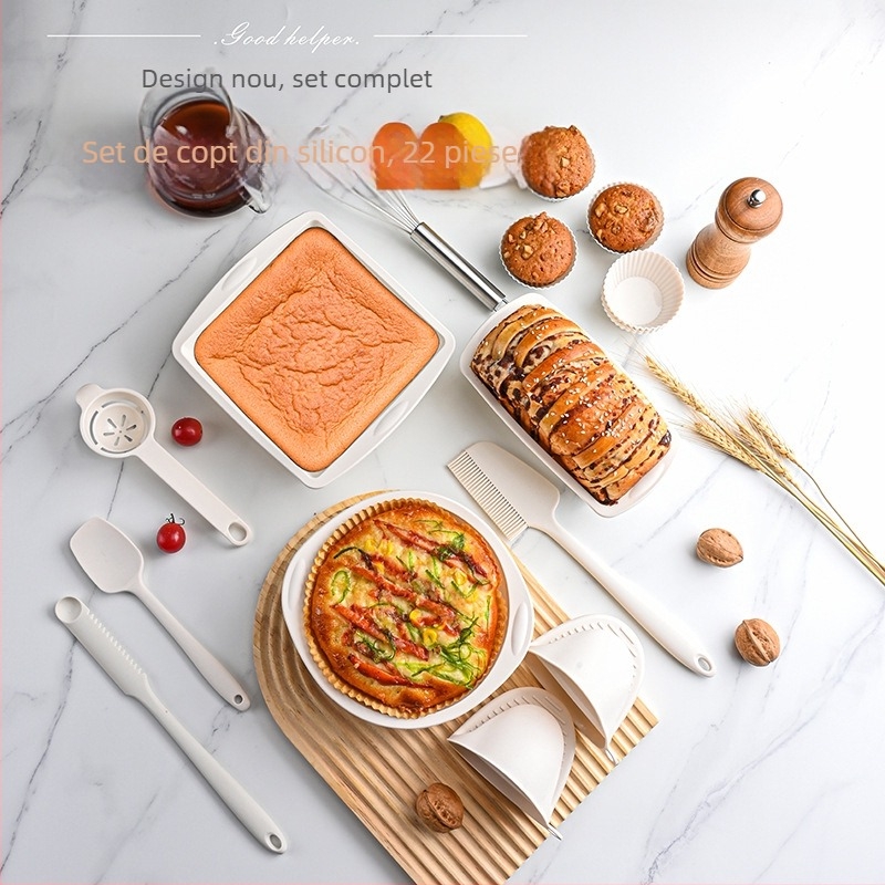 Set silicon pentru coacere, 22 piese, rezistent la temperaturi înalte, formă neregulată; include tavi pentru prăjit, spatulă pentru cremă, pensulă pentru ulei și clips anti-arzire