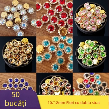 Accesoriu pentru păr cu strasuri: fundă dublu-strat în formă de floare, cu diamante cusute manual, finisaj electroplatinat