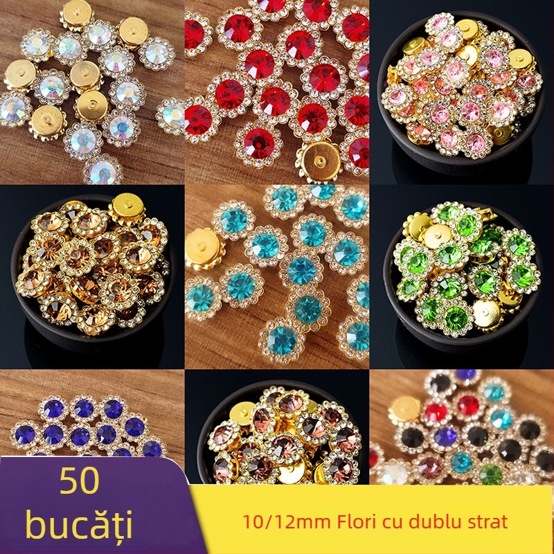 Accesoriu pentru păr cu strasuri: fundă dublu-strat în formă de floare, cu diamante cusute manual, finisaj electroplatinat