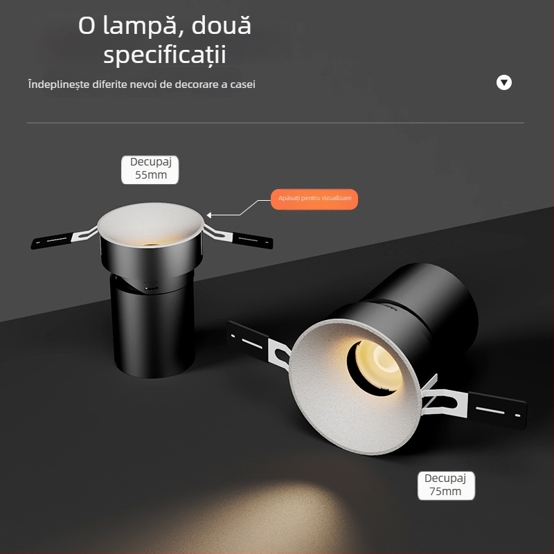 Spot LED încastrat cu reglaj inteligent al luminii, anti-orbire și protecție a ochilor, iluminat pentru living, downlight ascuns (CRI ≥95, tensiune ≤36V, sursă de lumină COB, întrerupător cu buton, carcasă din aluminiu)